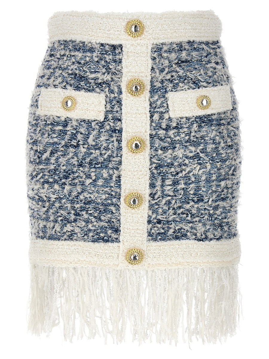 Balmain Fringed Tweed Skirt Luxurious Light Blue For Women Jewel Button Appliqué Sparkle