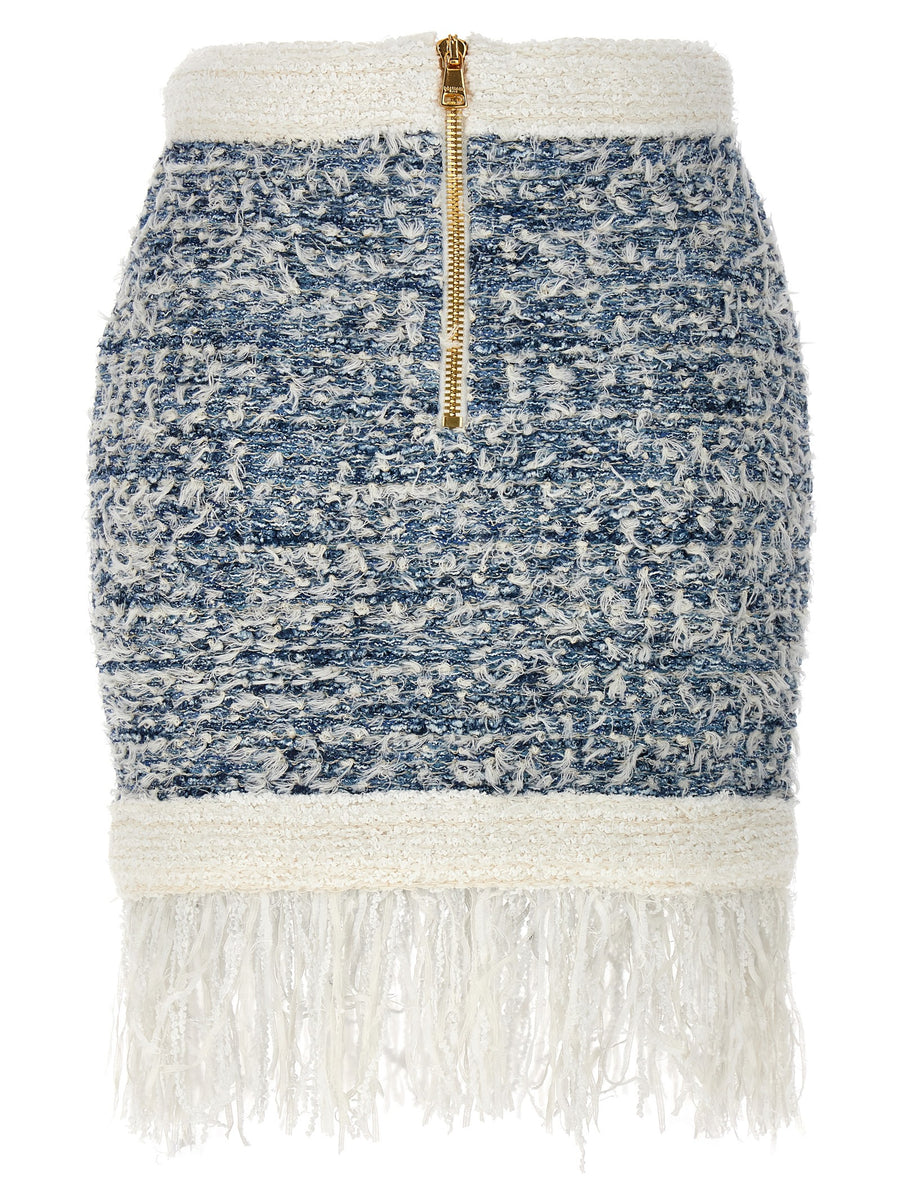 Balmain Fringed Tweed Skirt Luxurious Light Blue For Women Jewel Button Appliqué Sparkle