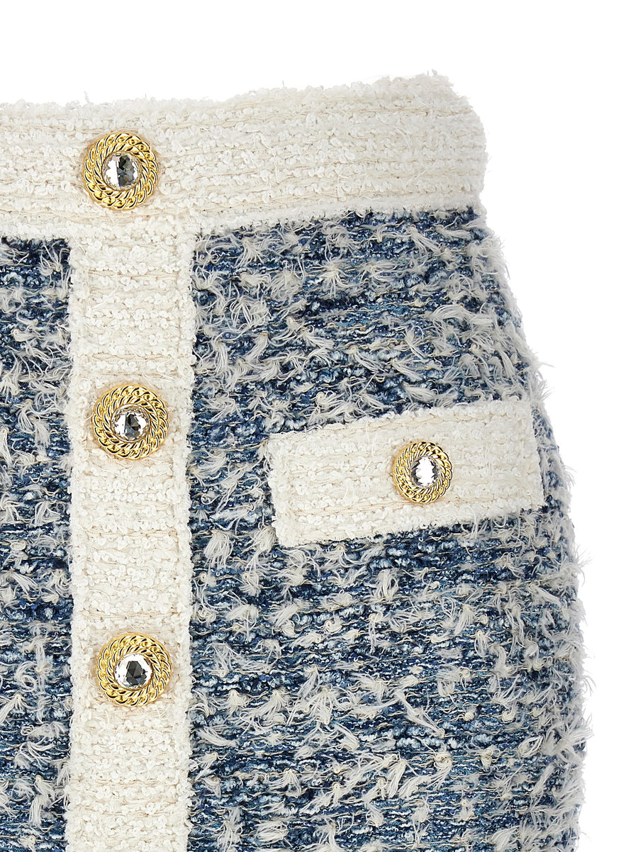 Balmain Fringed Tweed Skirt Luxurious Light Blue For Women Jewel Button Appliqué Sparkle