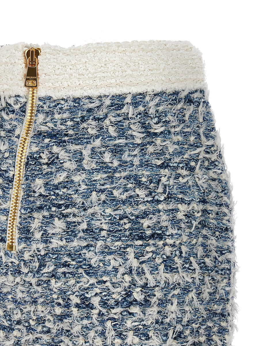 Balmain Fringed Tweed Skirt Luxurious Light Blue For Women Jewel Button Appliqué Sparkle