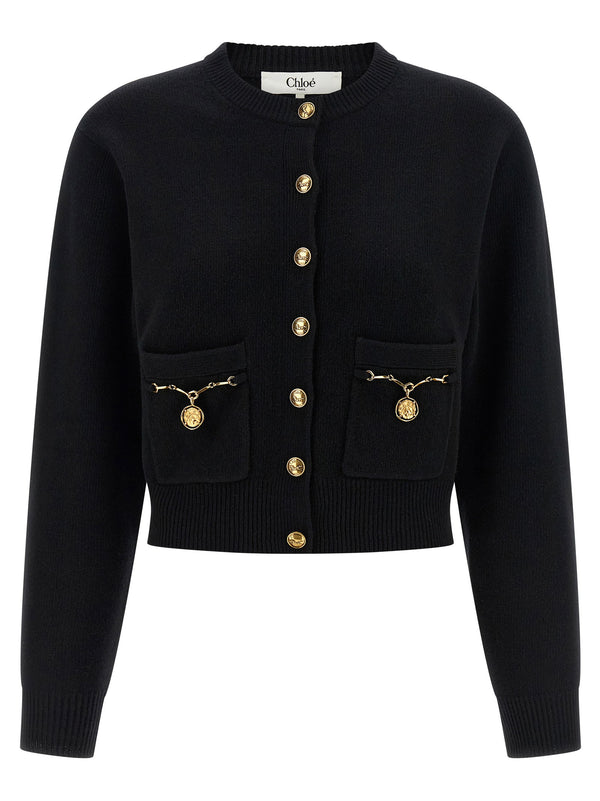 Chloé Horse Medal Cardigan Luxurious Merino Cashmere Knit Front Metal Horse Medal Button For Women