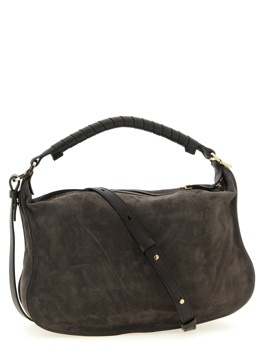Chloé Marcie Small Suede Shoulder Bag For Women, Compact Day To Evening, With Saddle Stitching And Top Zip