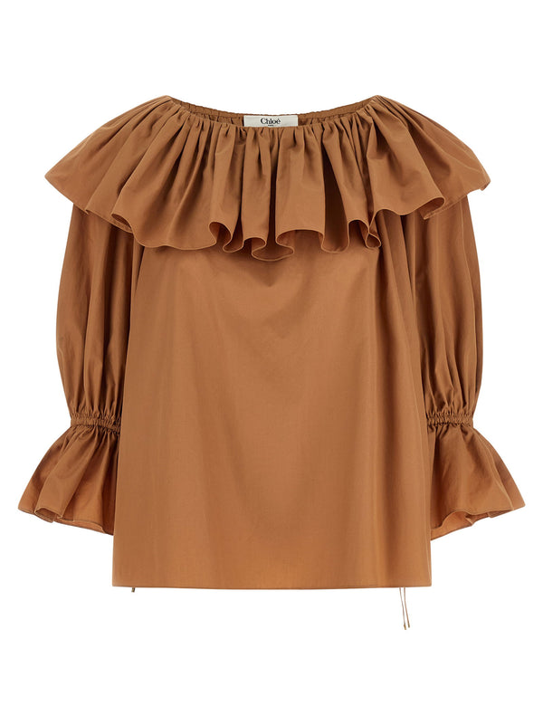 Chloé Luxurious Beige Cotton Poplin Ruffle Blouse for Women with Boat Neck and Flared Silhouette