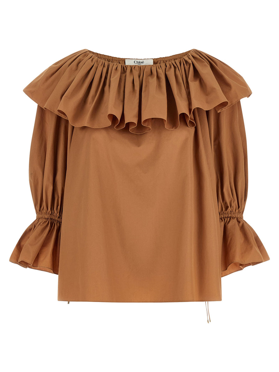 Chloé Luxurious Beige Cotton Poplin Ruffle Blouse for Women with Boat Neck and Flared Silhouette