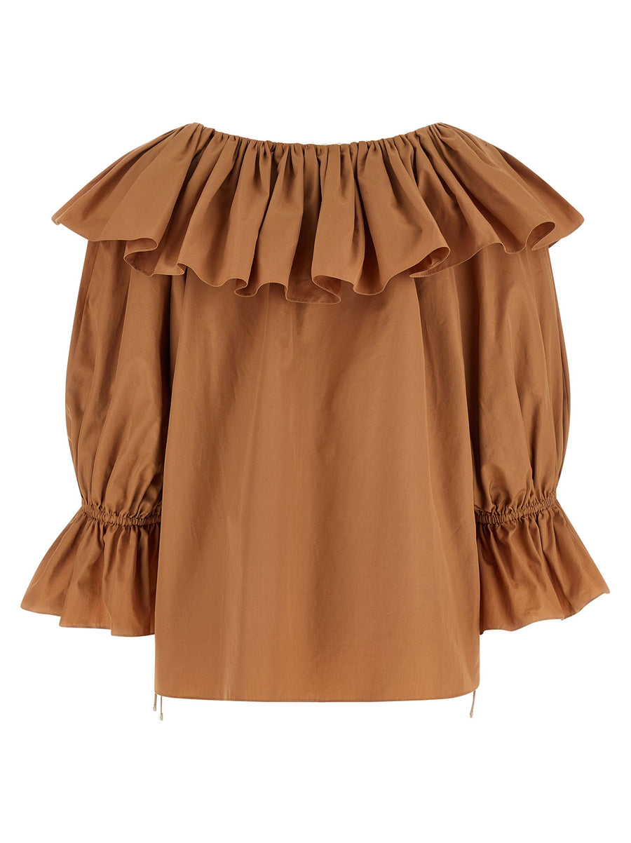 Chloé Luxurious Beige Cotton Poplin Ruffle Blouse for Women with Boat Neck and Flared Silhouette