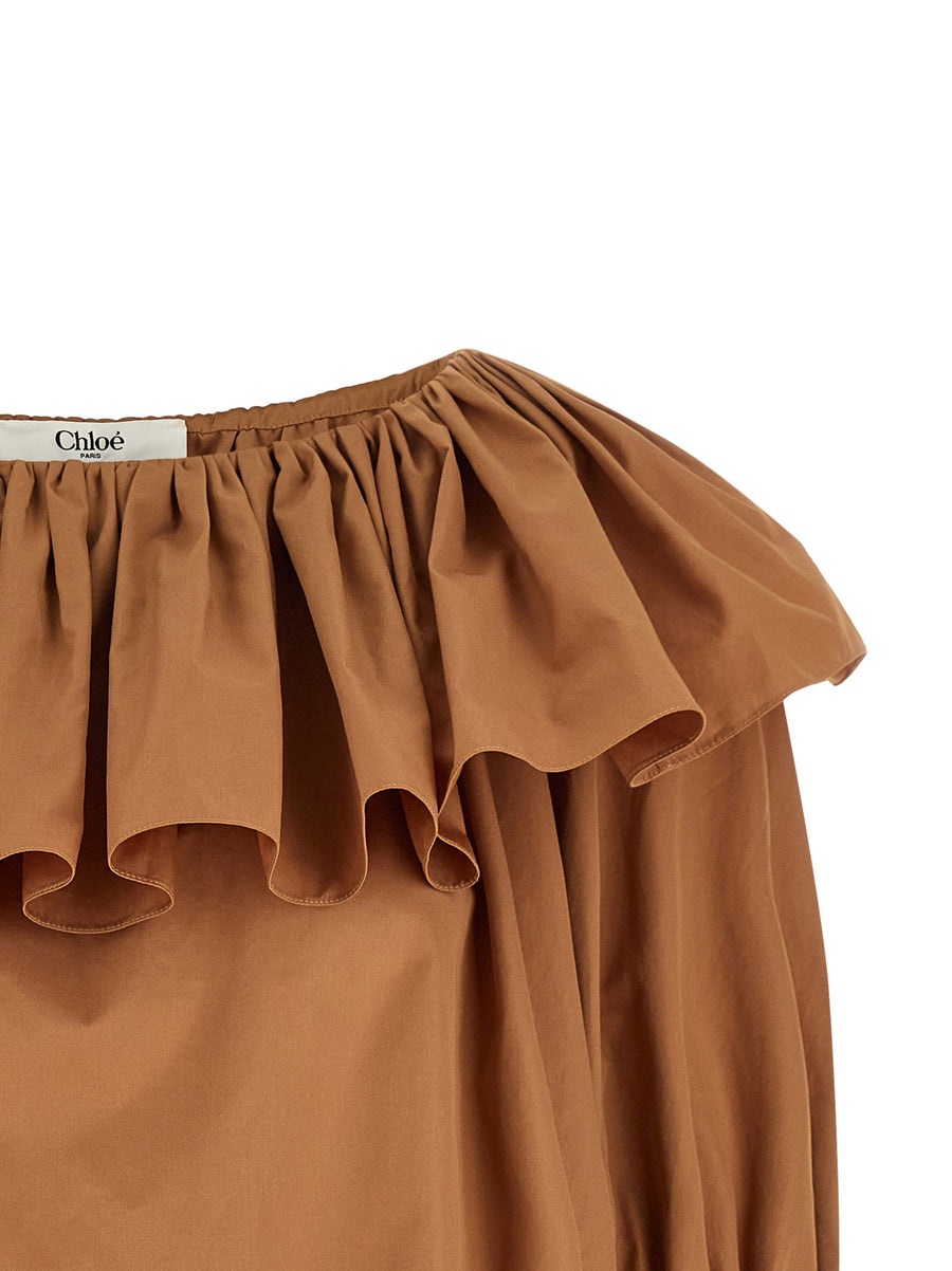 Chloé Luxurious Beige Cotton Poplin Ruffle Blouse for Women with Boat Neck and Flared Silhouette