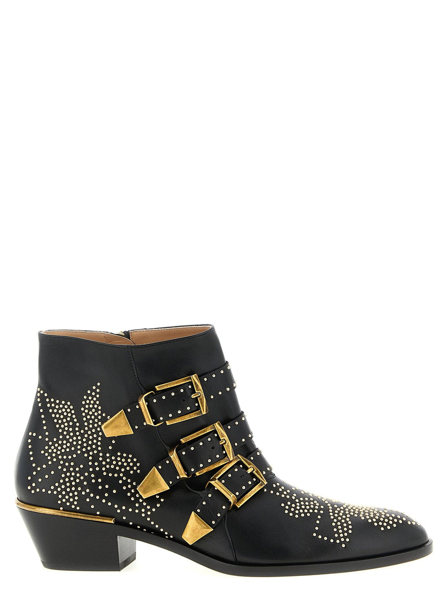 Chloé Susanna Ankle Boots For Women Black Calfskin Leather With Floral Stud Appliqué And Gold Buckles