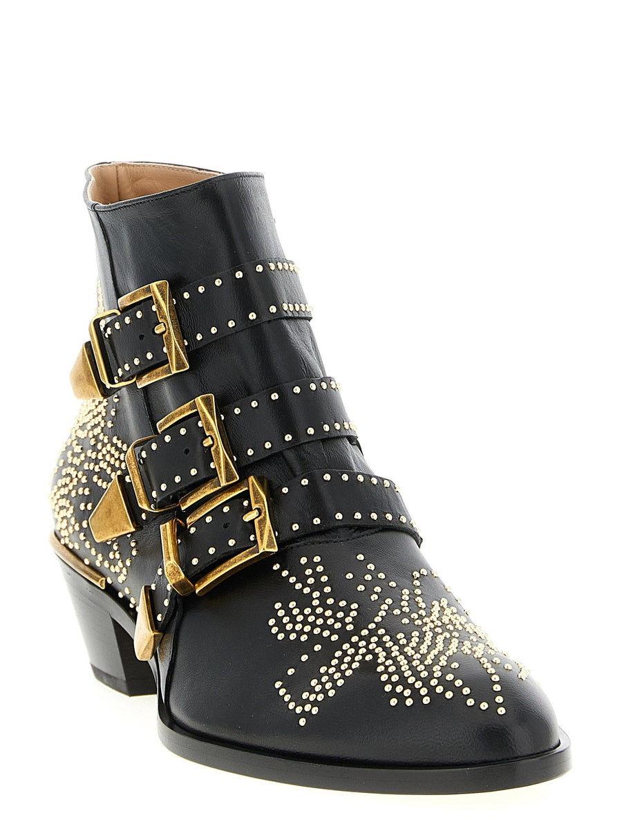 Chloé Susanna Ankle Boots For Women Black Calfskin Leather With Floral Stud Appliqué And Gold Buckles