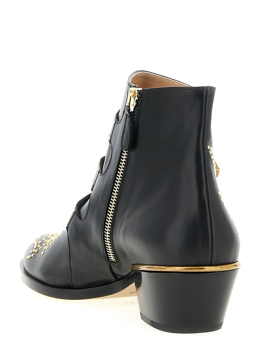 Chloé Susanna Ankle Boots For Women Black Calfskin Leather With Floral Stud Appliqué And Gold Buckles