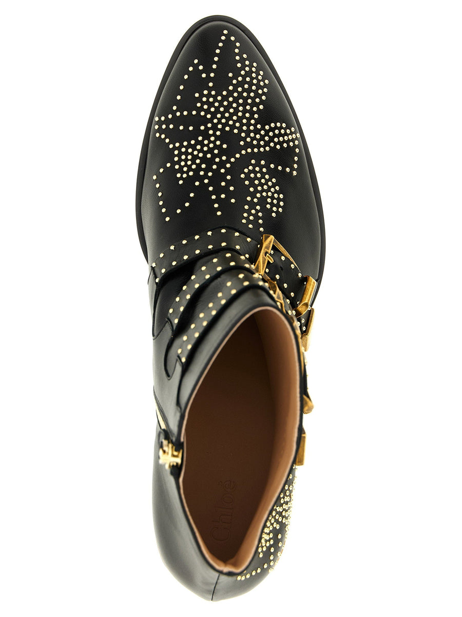 Chloé Susanna Ankle Boots For Women Black Calfskin Leather With Floral Stud Appliqué And Gold Buckles