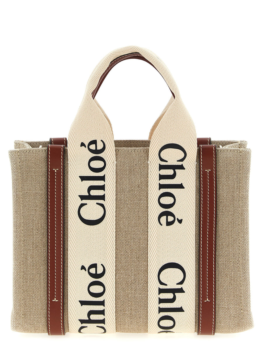 Chloé Woody Small Shopper Versatile Canvas Bag With Leather Accents For Women Everyday Use