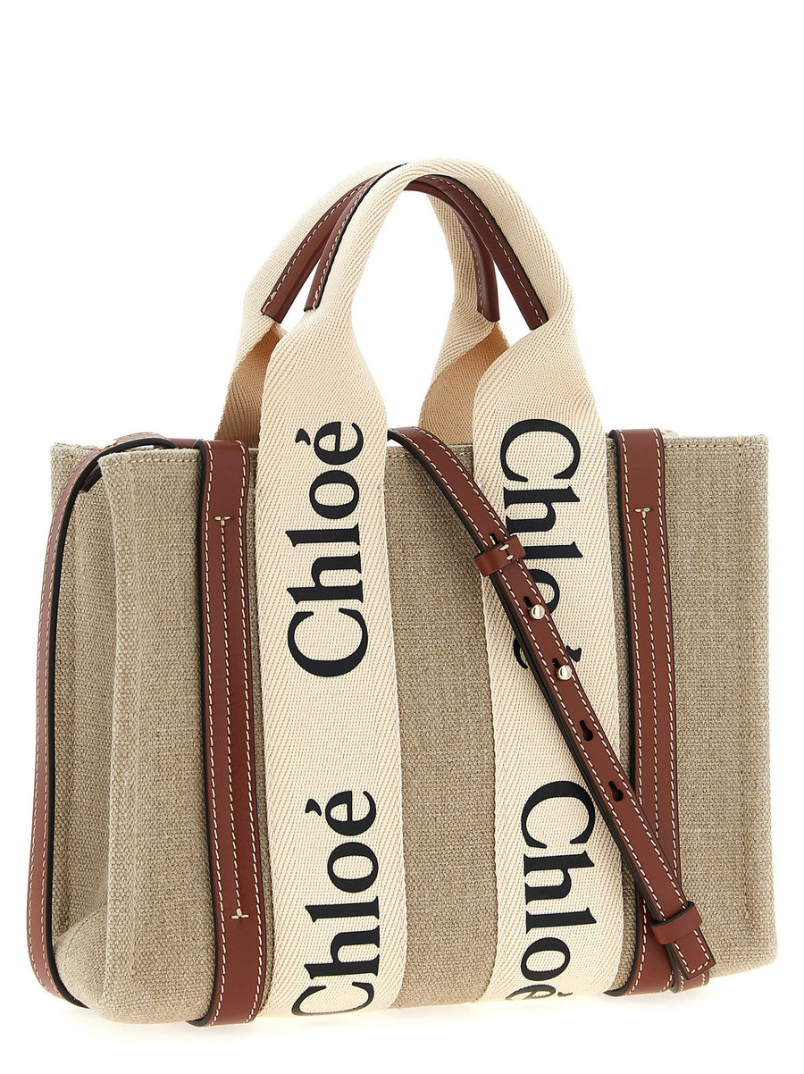 Chloé Woody Small Shopper Versatile Canvas Bag With Leather Accents For Women Everyday Use