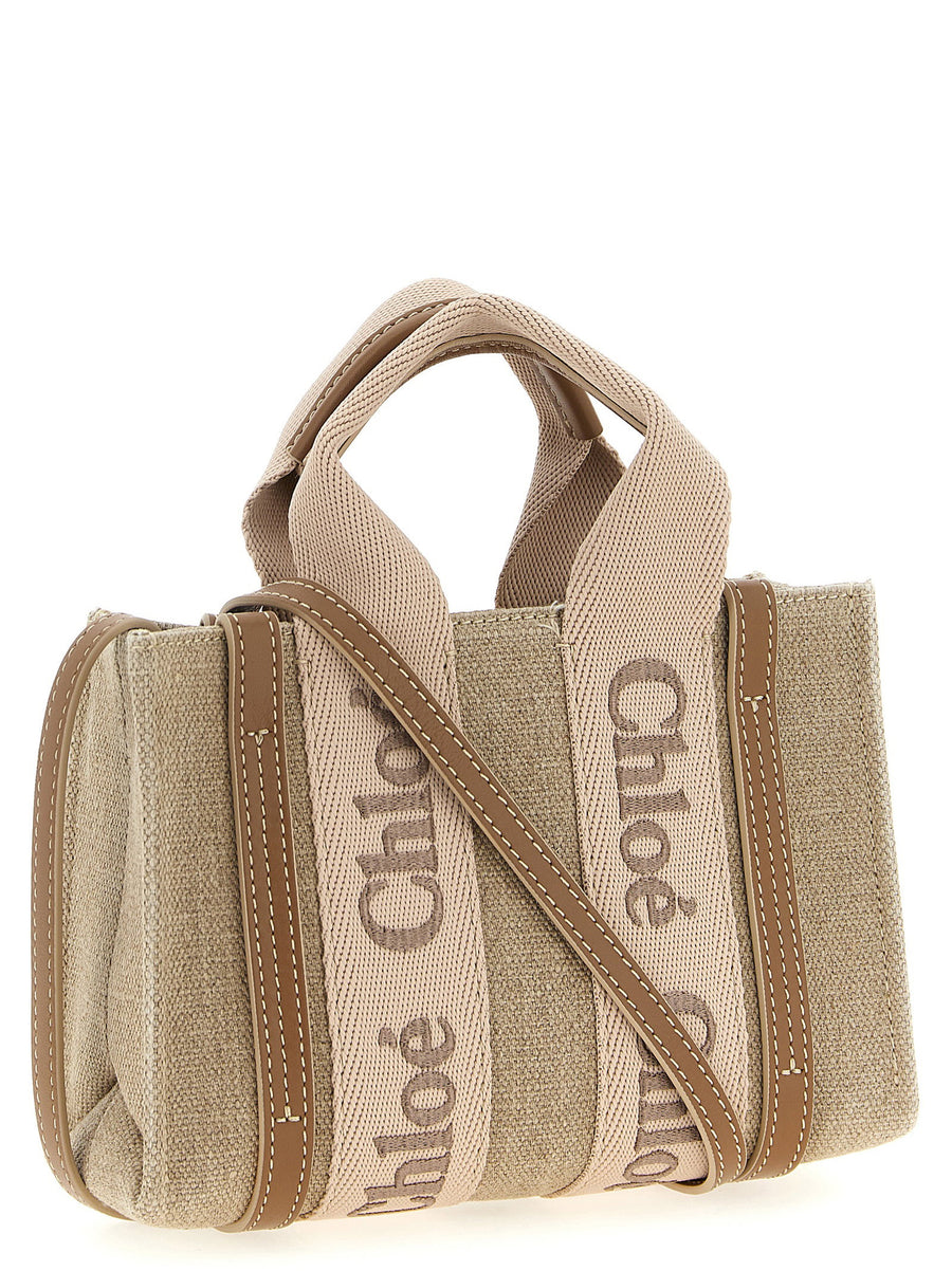Chloé Woody Pink Linen Mini Handbag With Removable Shoulder Strap