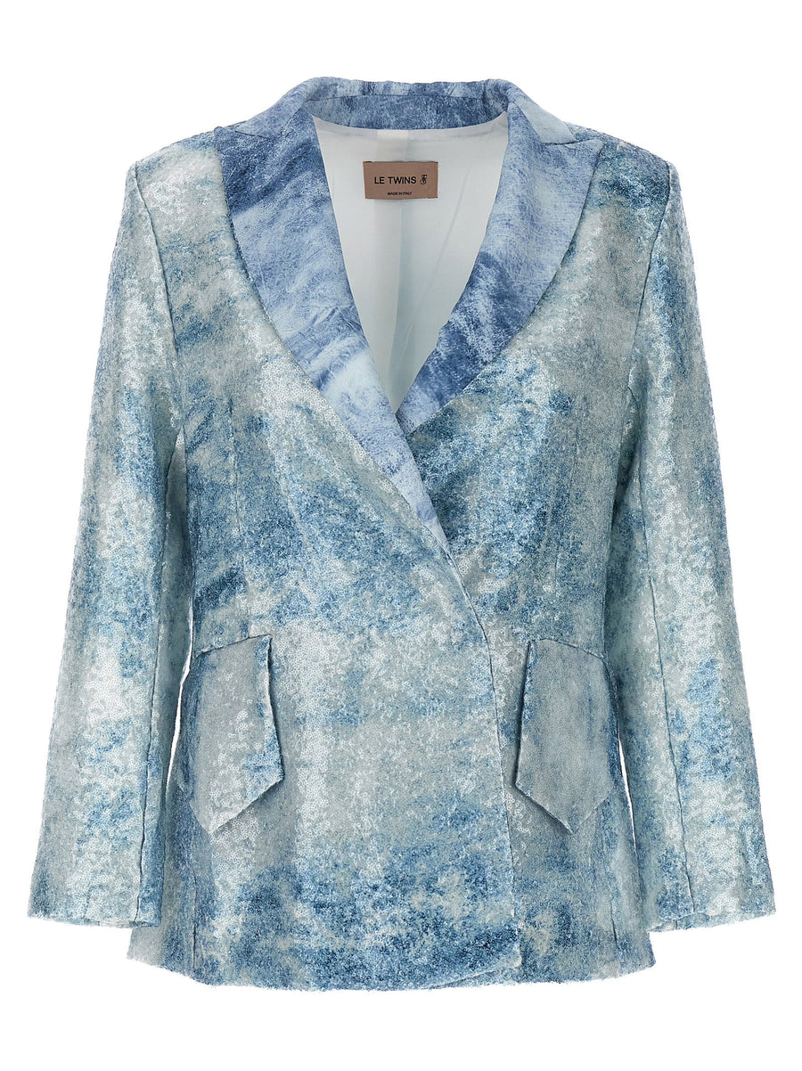 Sequin Blue Blazer Le Twins For Women Allover Sheer Sequins SingleBreasted Luxury Tailored