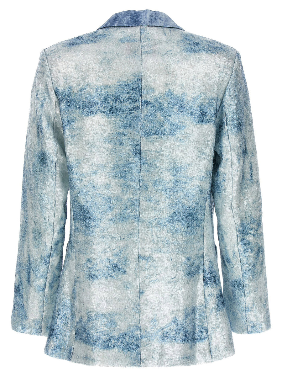 Sequin Blue Blazer Le Twins For Women Allover Sheer Sequins SingleBreasted Luxury Tailored