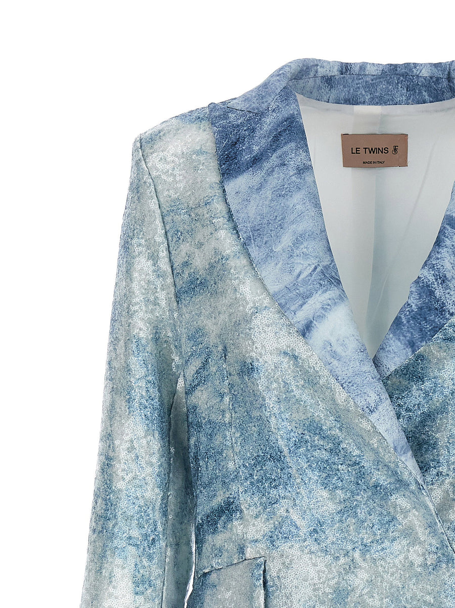 Sequin Blue Blazer Le Twins For Women Allover Sheer Sequins SingleBreasted Luxury Tailored
