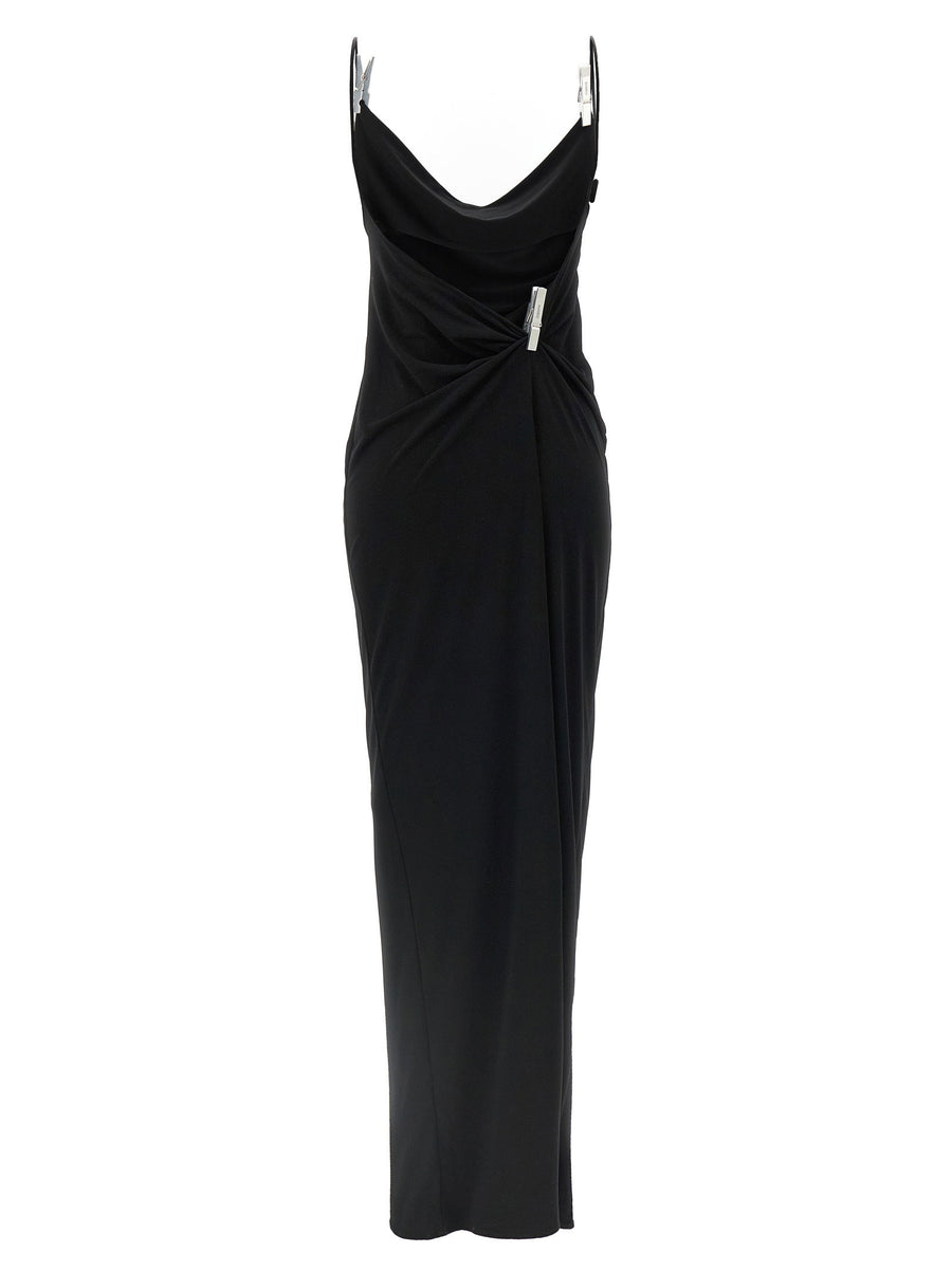 Coperni Gala Dress With Dramatic Draped Neckline And Silver Clothespin Details For Women Evening Wear