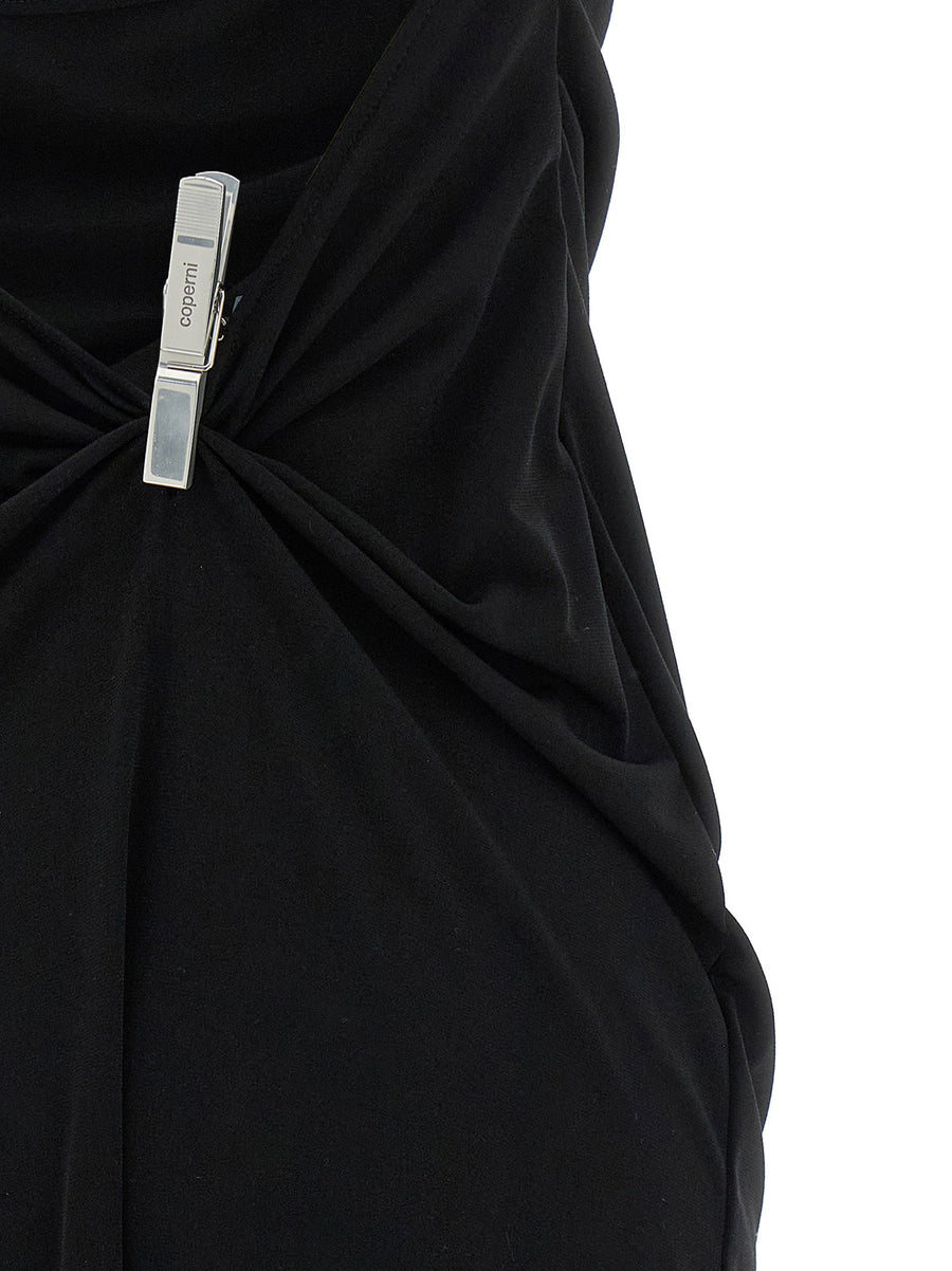 Coperni Gala Dress With Dramatic Draped Neckline And Silver Clothespin Details For Women Evening Wear