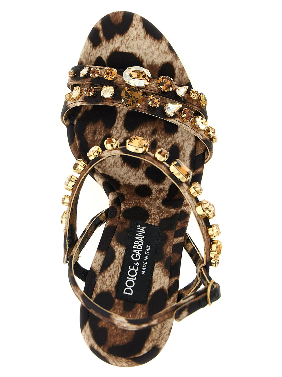Dolce And Gabbana Keira Leopard Print Satin Sandals With Crystal Applique For Women Adjustable Ankle Strap