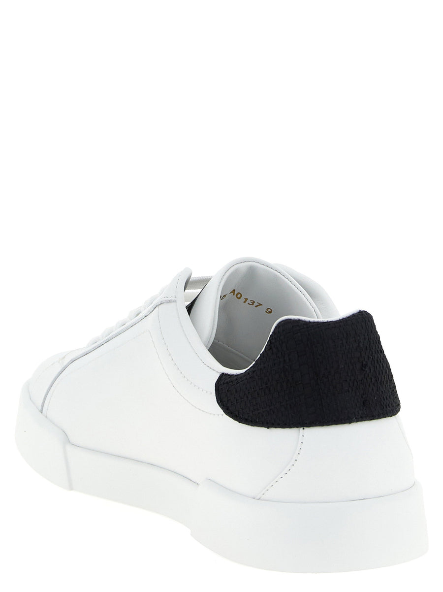 Dolce And Gabbana Portofino Light Strobel Sneakers For Men Calfskin Leather With Straw Heel Logo Patch Luxurious Comfort