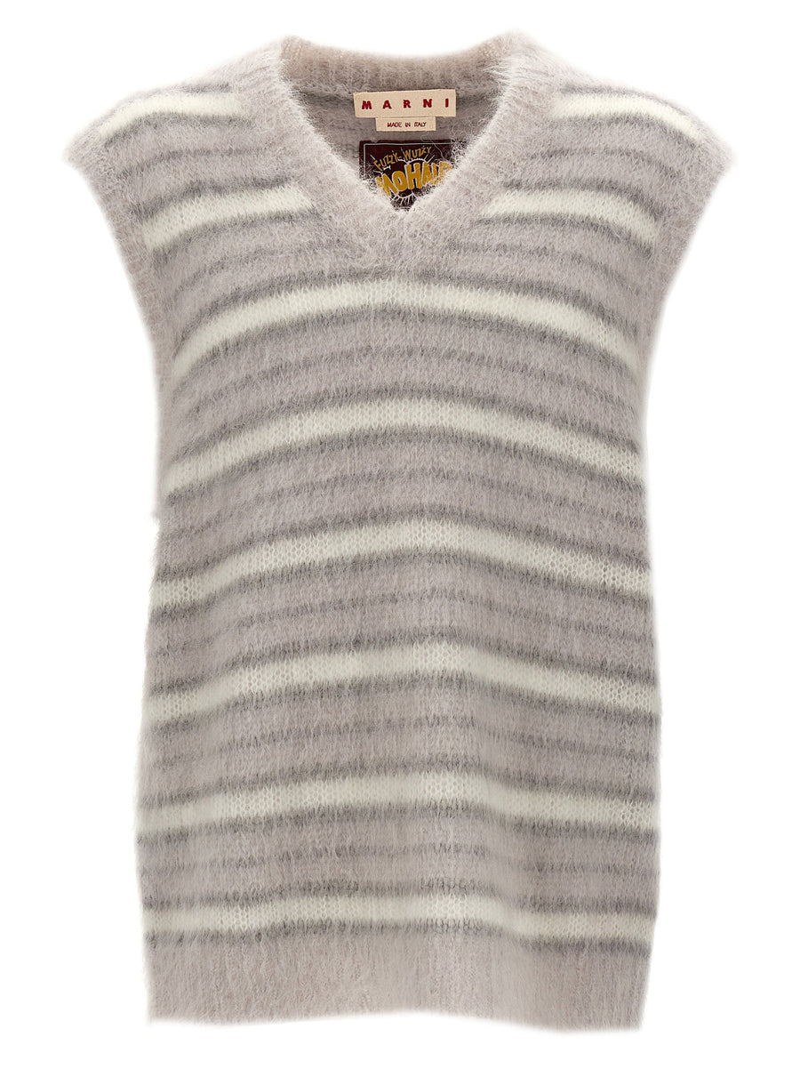 Marni Fuzzy Wuzzy Mohair Blend Vest For Men Luxurious Warmth With Gray Striped Mohair Knit V Neck