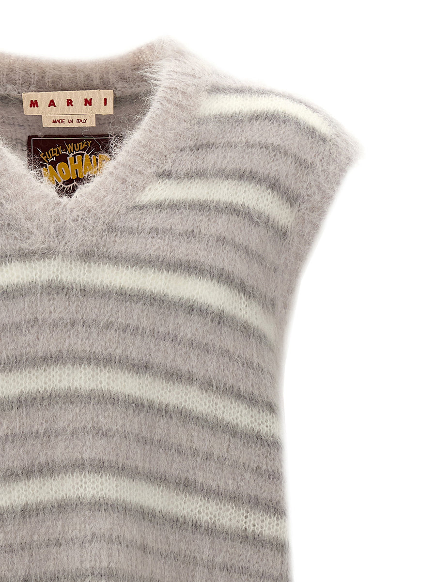 Marni Fuzzy Wuzzy Mohair Blend Vest For Men Luxurious Warmth With Gray Striped Mohair Knit V Neck