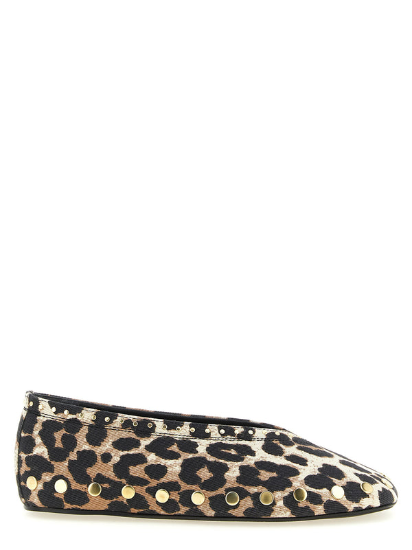 Ganni Jenny Ballet Flats Multicolor Cotton Denim Upper With Animal Print And Square Toe For Women