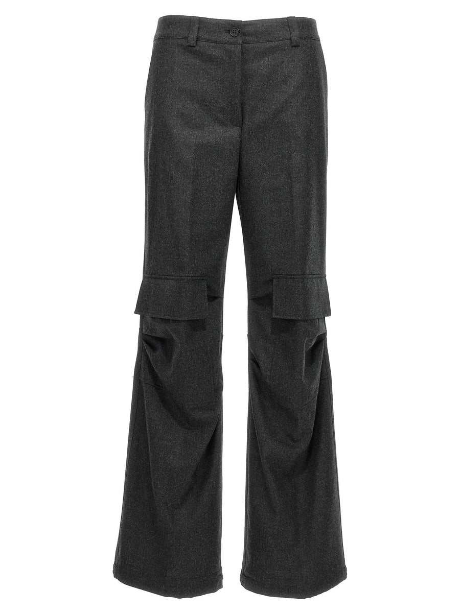 P.A.R.O.S.H Gray Wool Cachemire Stretch Cargo Trousers With Ruffled Knee Pockets