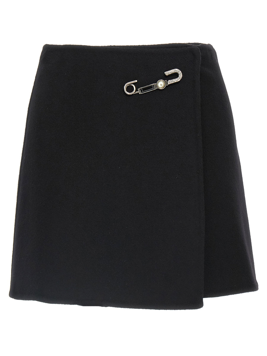 Ermanno Scervino Jewel Pin Skirt Removable Brooch Black Virgin Wool Wallet Silhouette For Elegant Women