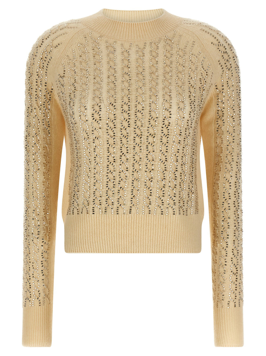 Ermanno Scervino Baguette Studded Sweater For Modern Women Beige Luxury Virgin Wool Cashmere Braided Knit