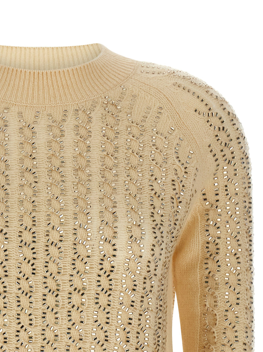 Ermanno Scervino Baguette Studded Sweater For Modern Women Beige Luxury Virgin Wool Cashmere Braided Knit