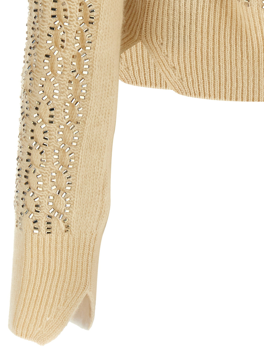 Ermanno Scervino Baguette Studded Sweater For Modern Women Beige Luxury Virgin Wool Cashmere Braided Knit