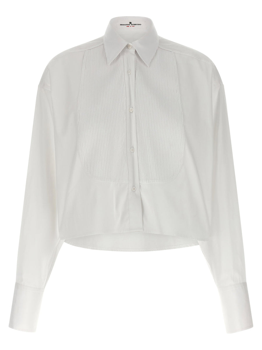 Ermanno Scervino Plastron Shirt For Women Cropped White Cotton Poplin Top With Front Plastron Tailored Luxury