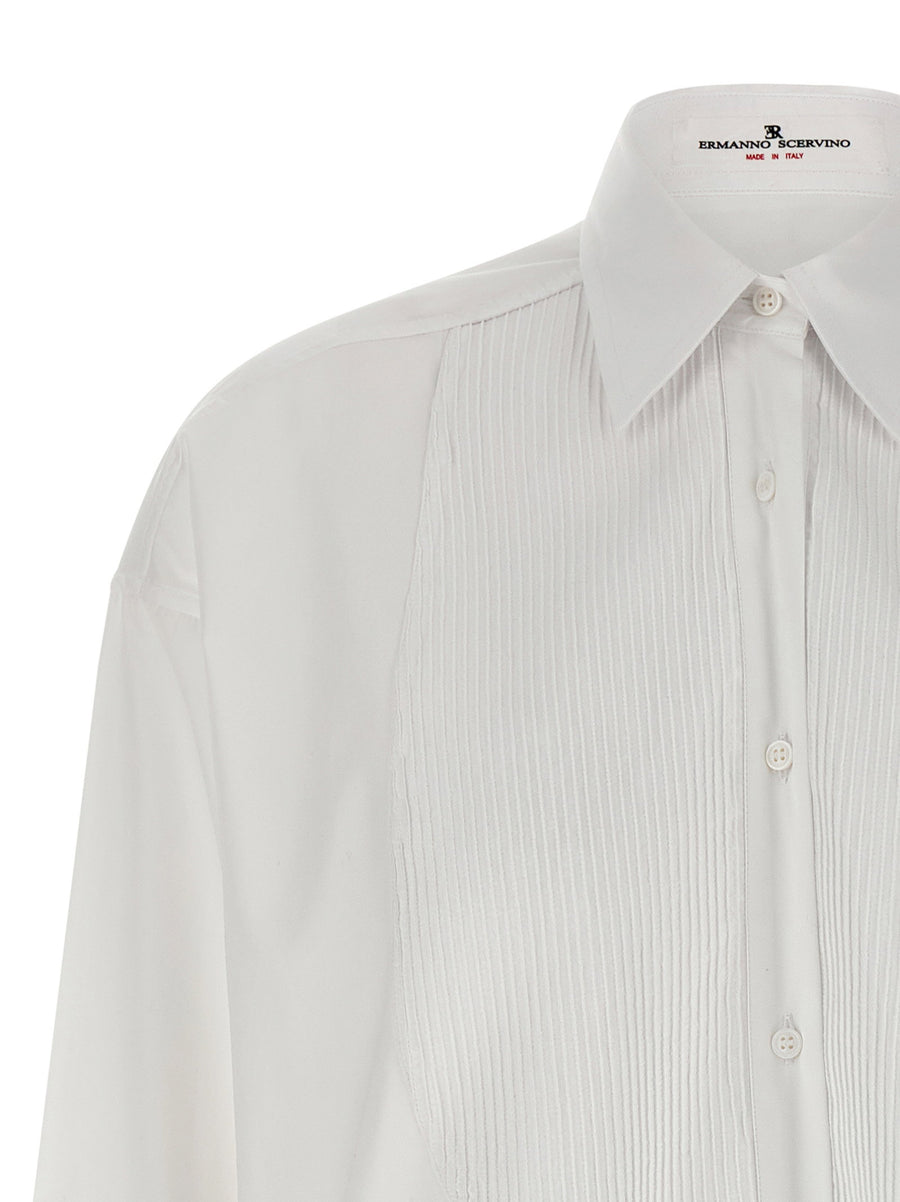 Ermanno Scervino Plastron Shirt For Women Cropped White Cotton Poplin Top With Front Plastron Tailored Luxury