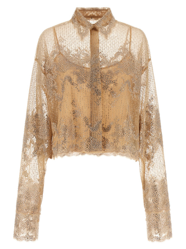 Ermanno Scervino Embroidered Crystal Tulle Shirt For Elegant Evening Women With Detachable Silk Petticoat