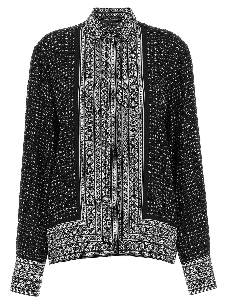 Ermanno Scervino Crystal Silk Shirt For Women Bandana Print With Allover Crystal Embellishments