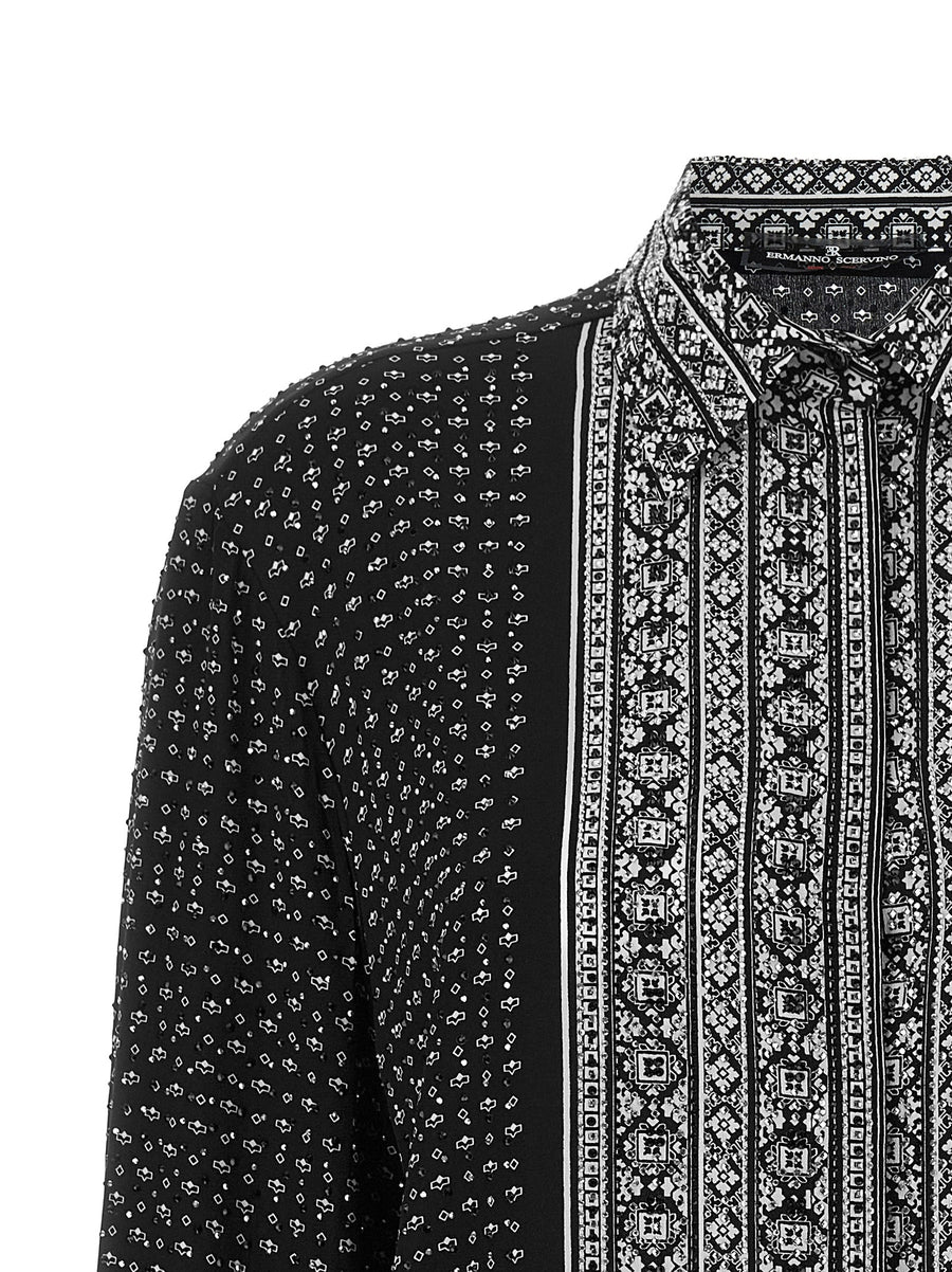 Ermanno Scervino Crystal Silk Shirt For Women Bandana Print With Allover Crystal Embellishments