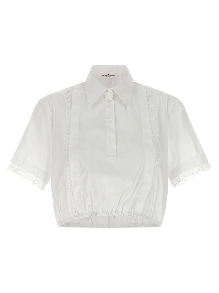 Ermanno Scervino Lace Insert Shirt For Women Cropped Cotton Poplin With Tone On Tone Lace Inserts Elastic Hem