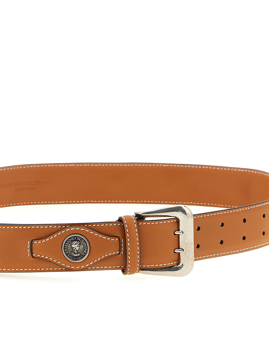 Ermanno Scervino Logo Coin Belt For Women, Adjustable Calfskin Leather, Coin Applique, Luxury Accessory