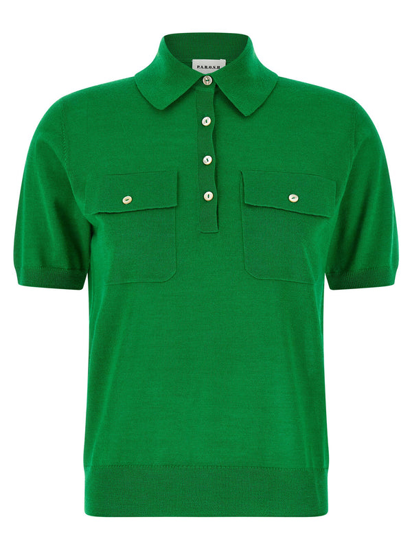 Polo Shirt for Women P.A.R.O.S.H Linfa26 Lux Wool Silk Cashmere Blend Green Premium Drape for Everyday Elegance