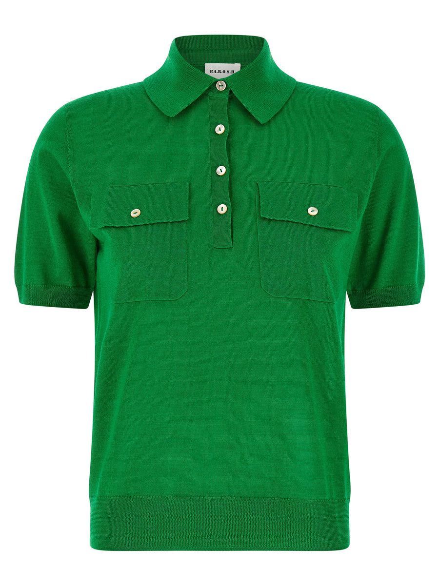 Polo Shirt for Women P.A.R.O.S.H Linfa26 Lux Wool Silk Cashmere Blend Green Premium Drape for Everyday Elegance