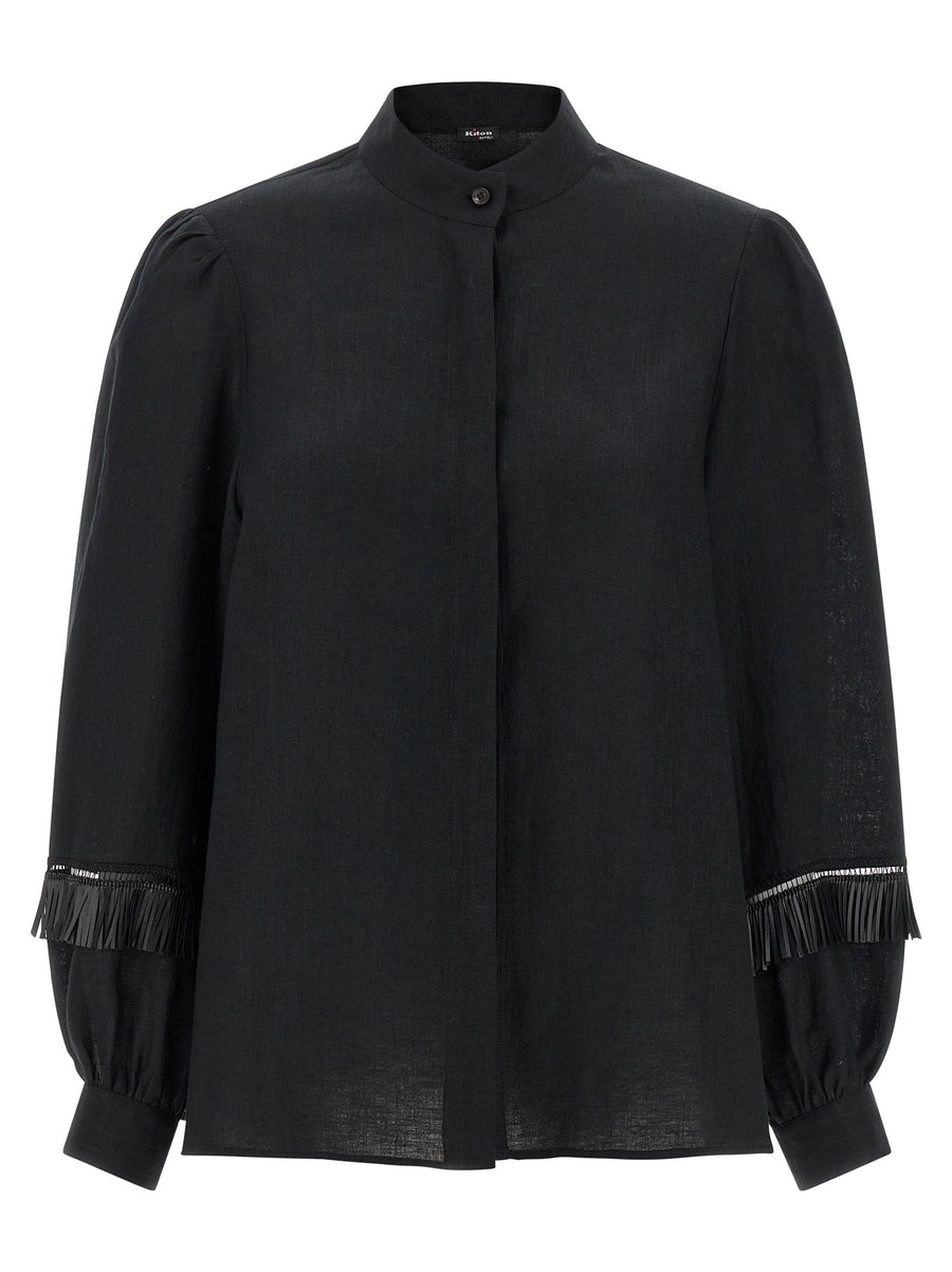 Kiton Fringed Linen Shirt For Women Black 100 Percent Linen Loose Fit Mandarin Collar Luxe Breathable Top