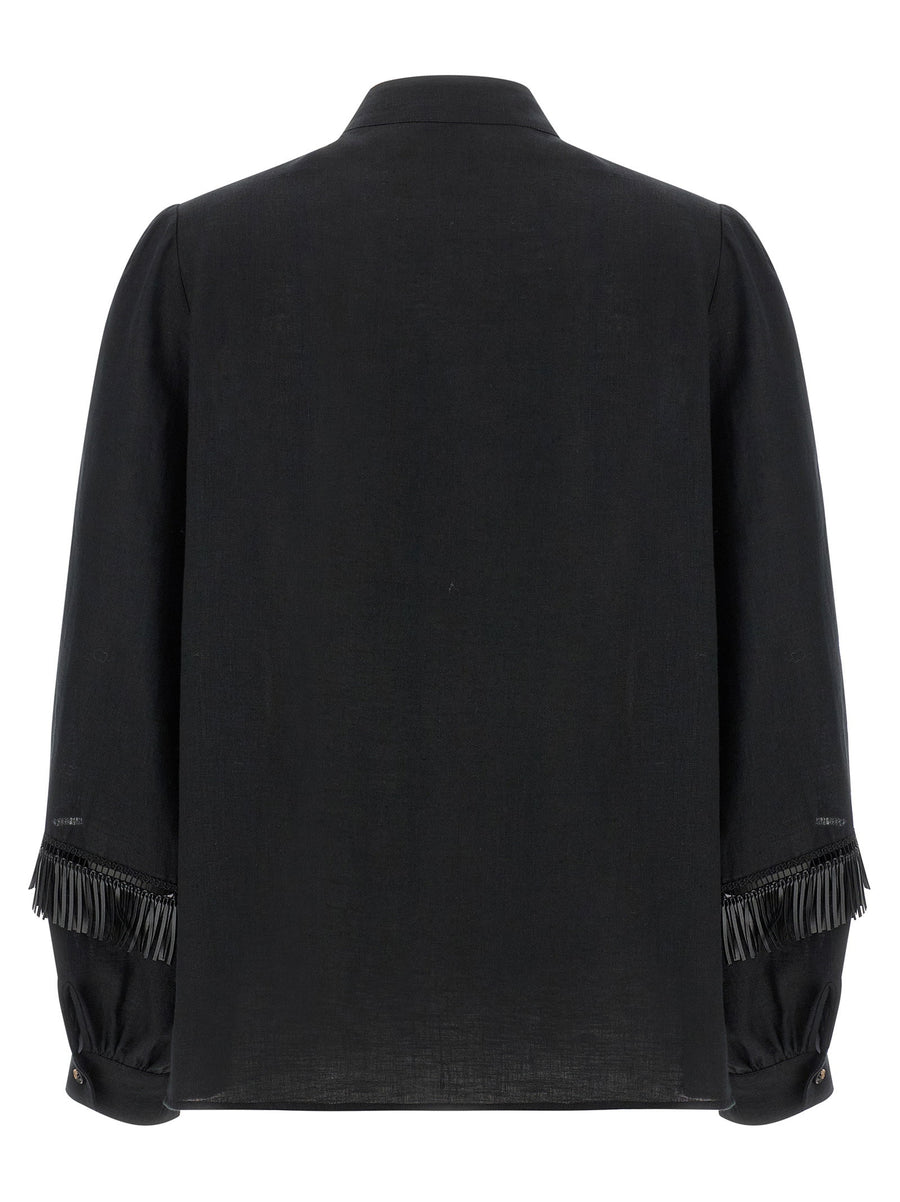 Kiton Fringed Linen Shirt For Women Black 100 Percent Linen Loose Fit Mandarin Collar Luxe Breathable Top