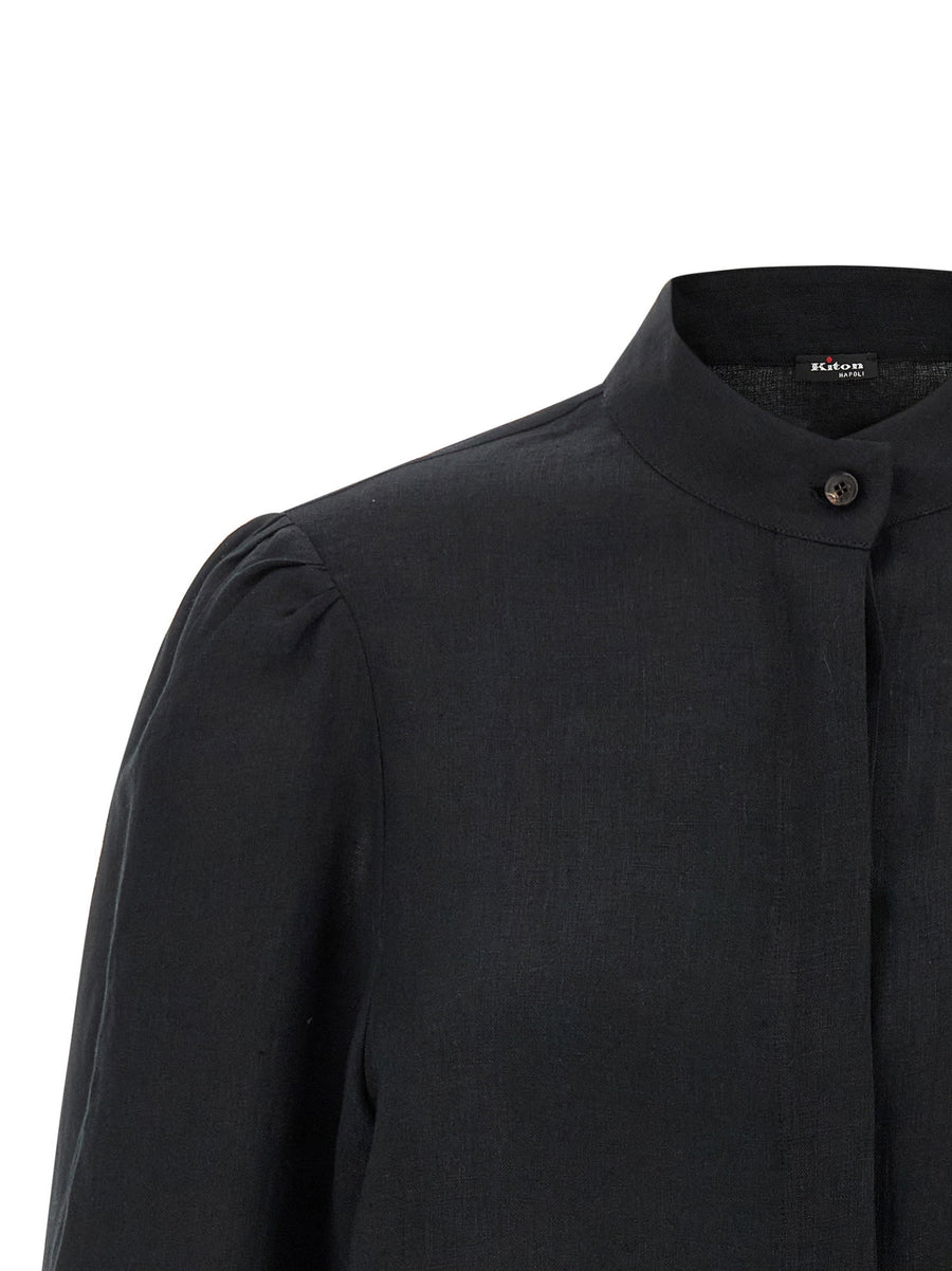 Kiton Fringed Linen Shirt For Women Black 100 Percent Linen Loose Fit Mandarin Collar Luxe Breathable Top