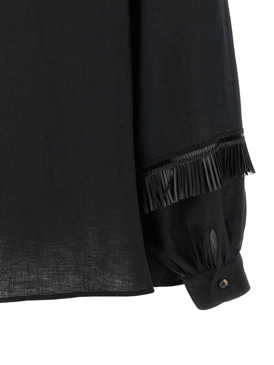 Kiton Fringed Linen Shirt For Women Black 100 Percent Linen Loose Fit Mandarin Collar Luxe Breathable Top
