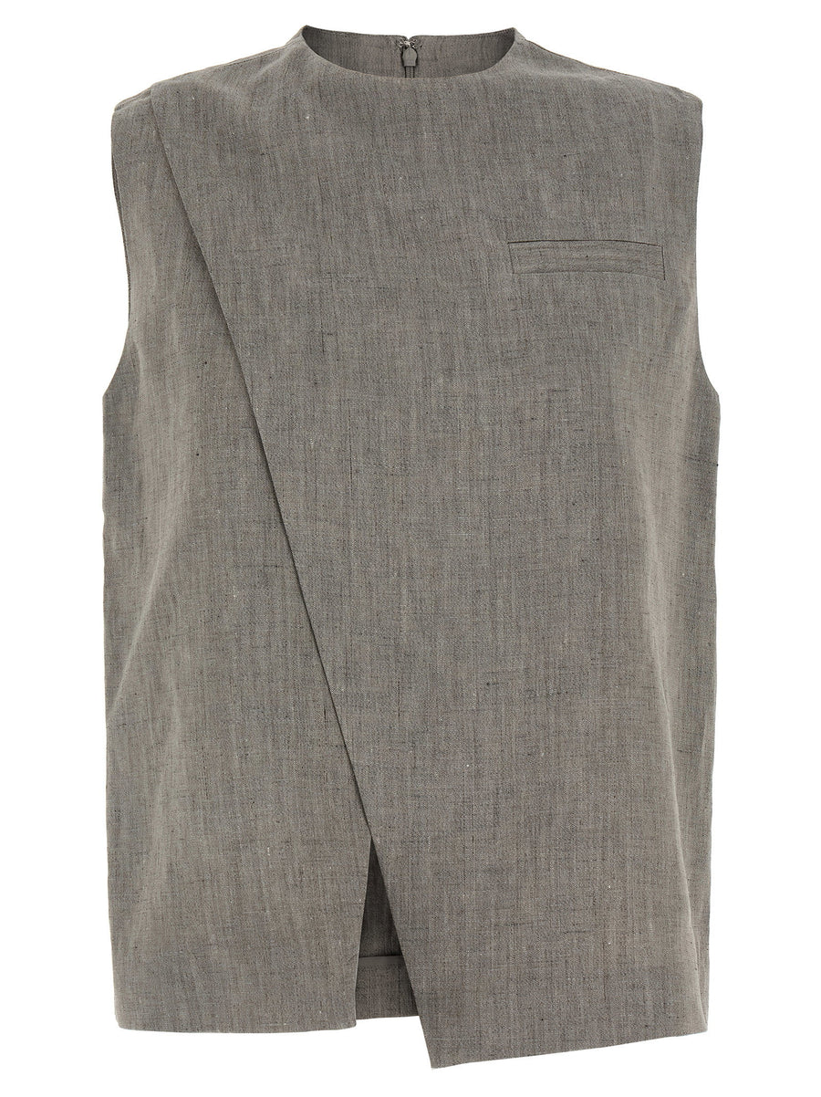 Loulou De Saison Della Top For Women Breathable Linen Cotton Blend Gray Melange Crew Neck Asymmetrical Front Slit Pocket