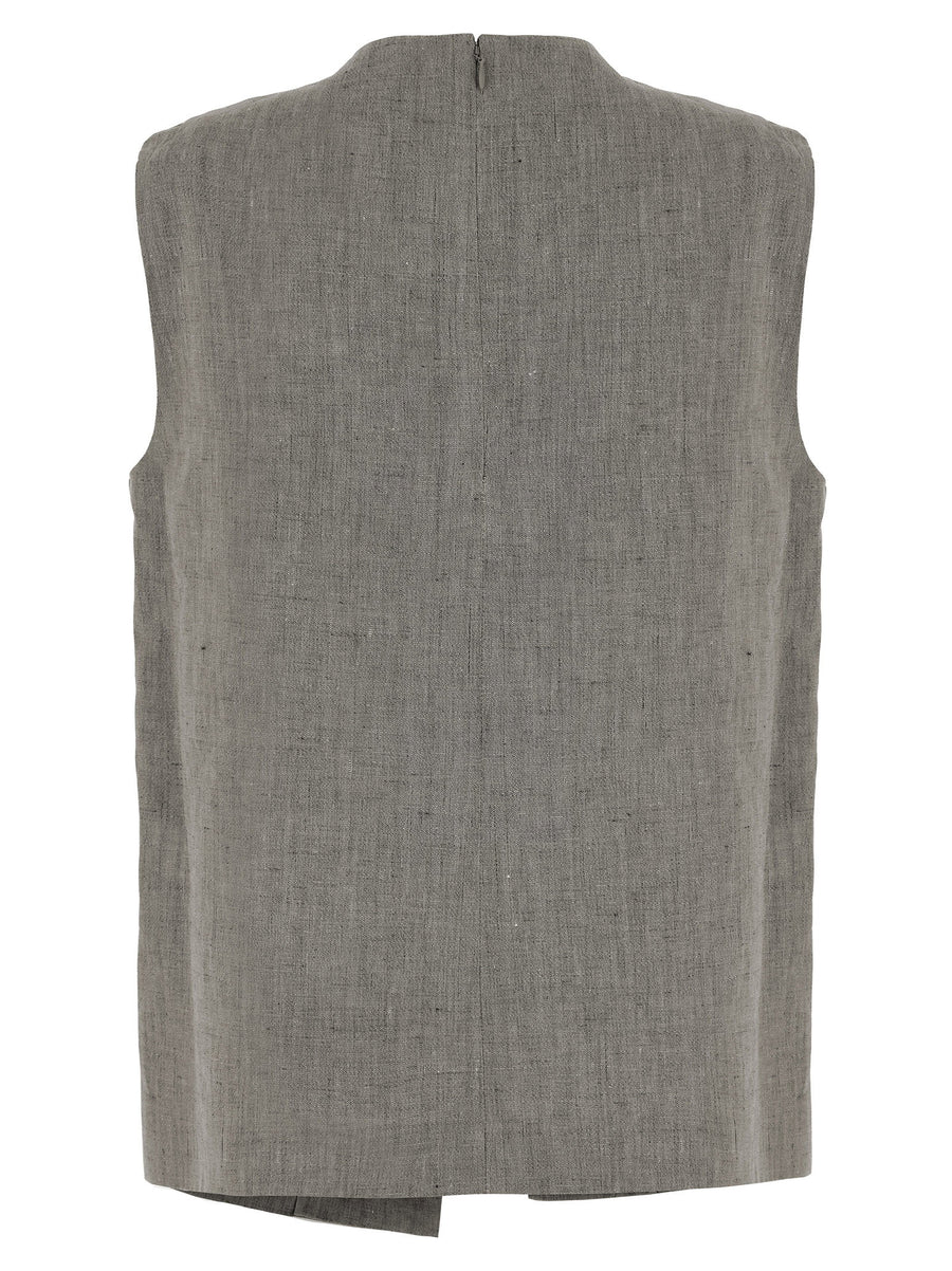 Loulou De Saison Della Top For Women Breathable Linen Cotton Blend Gray Melange Crew Neck Asymmetrical Front Slit Pocket