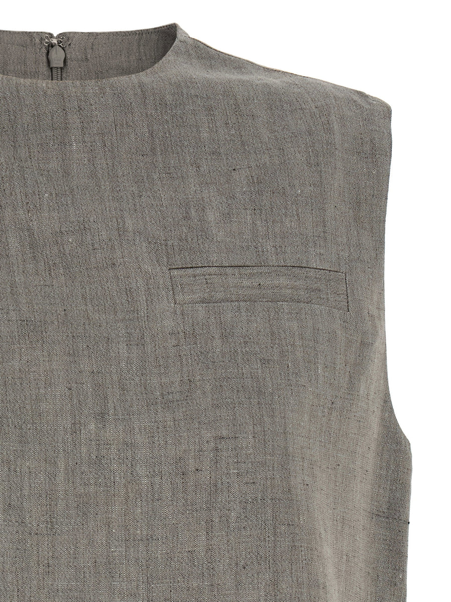 Loulou De Saison Della Top For Women Breathable Linen Cotton Blend Gray Melange Crew Neck Asymmetrical Front Slit Pocket