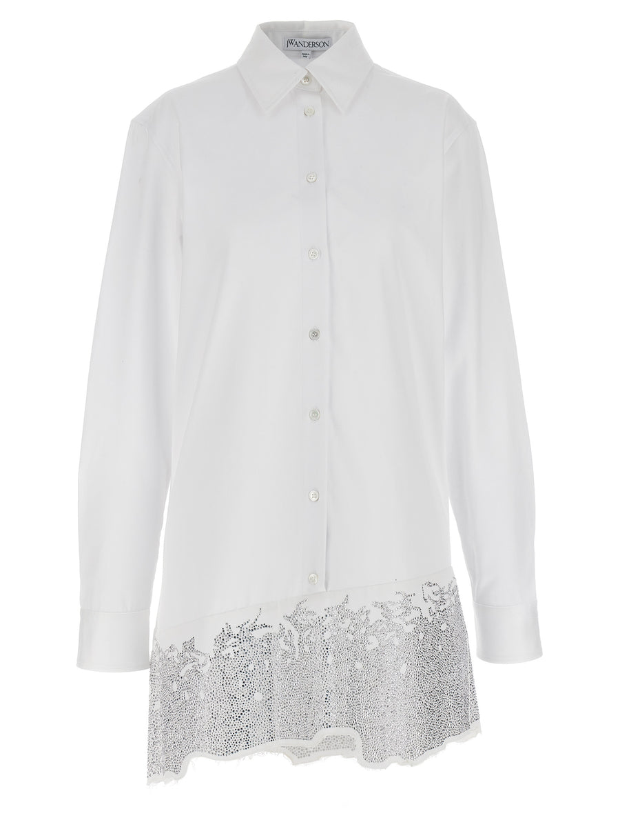 JW Anderson Rhinestone Shirt Dress White 100% Cotton With Frayed Rhinestone Hem For Everyday Luxe Women