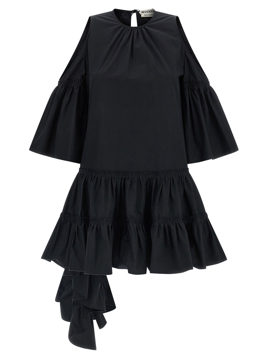 J.W.Anderson Ruffles Dress Black Cotton Poplin Midi with Sculptural Detail and Versatility for Women